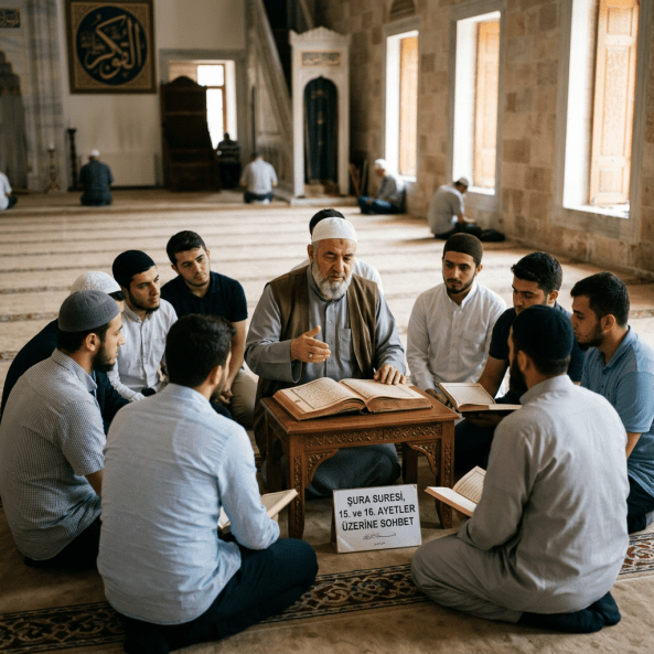 An elder leading a Quran study session with young men sitting in a mosque